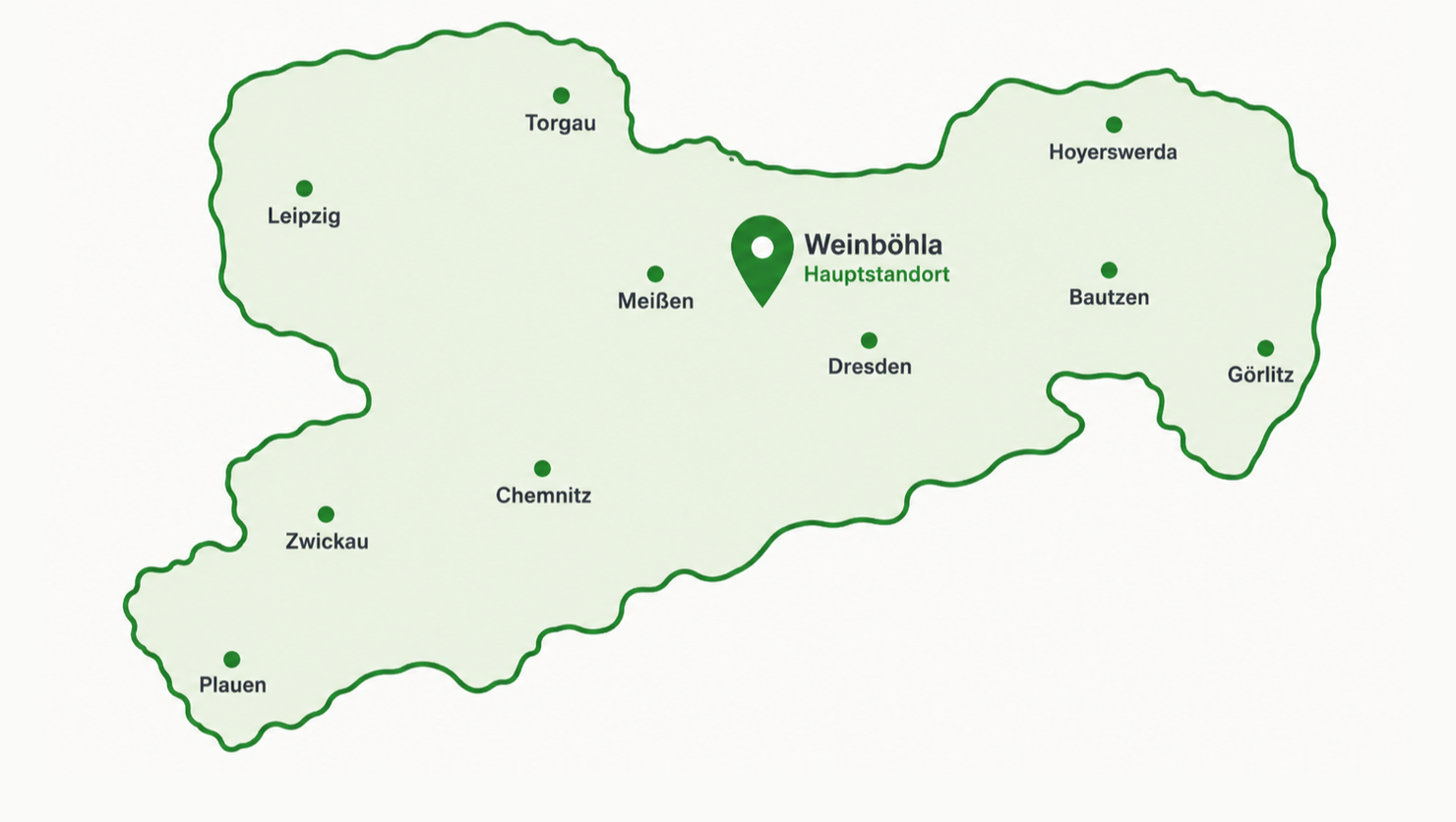 Karte von Sachsen mit dem SachsenMobil-Hauptstandort in Weinböhla und den umliegenden Städten
